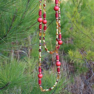 [5/$25] Long Wood Red Bead Necklace Wrap Drape